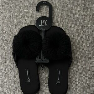 INC International Concepts Black Pom Pom Slides